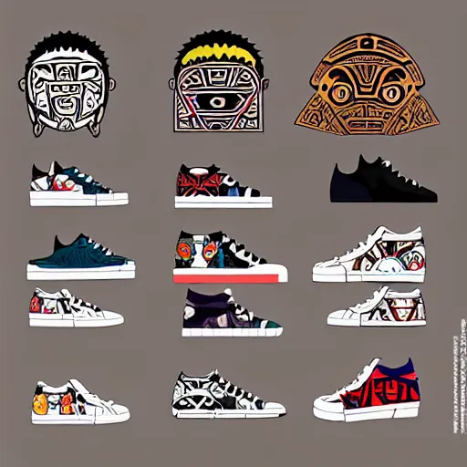 Image similar to sneaker design designed by studio ghibli, aztec mayan street fashion native punk sneaker design, majora's mask, wearing wooden mask, hip hop sneaker design with subtle mayan patterns, gapmoe yandere grimdark, trending on pixiv fanbox, painted by greg rutkowski makoto shinkai takashi takeuchi studio ghibli, akihiko yoshida