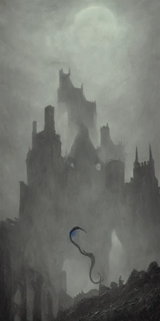 Prompt: “Cthulhu descending upon a medieval castle, tonalism style, trending on Artstation, 8k, 4k, high-res, digital art”