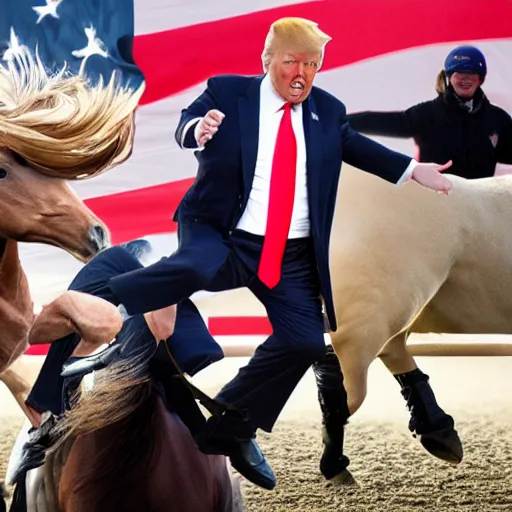 Prompt: Donald trump getting kicked in the face by a horse