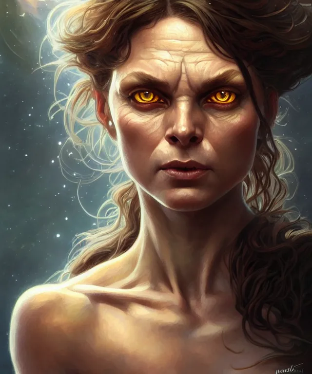 Prompt: half Macron half Golum a fantasy magic woman portrait, sci-fi, amber eyes, face, long hair, fantasy, intricate, elegant, highly detailed, digital painting, artstation, concept art, smooth, sharp focus, illustration, art by artgerm and greg rutkowski and alphonse mucha