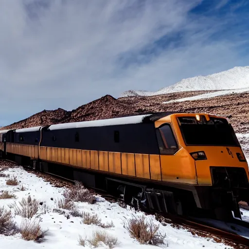 Image similar to Snowpiercer train in the desert, high quality 4k photograph