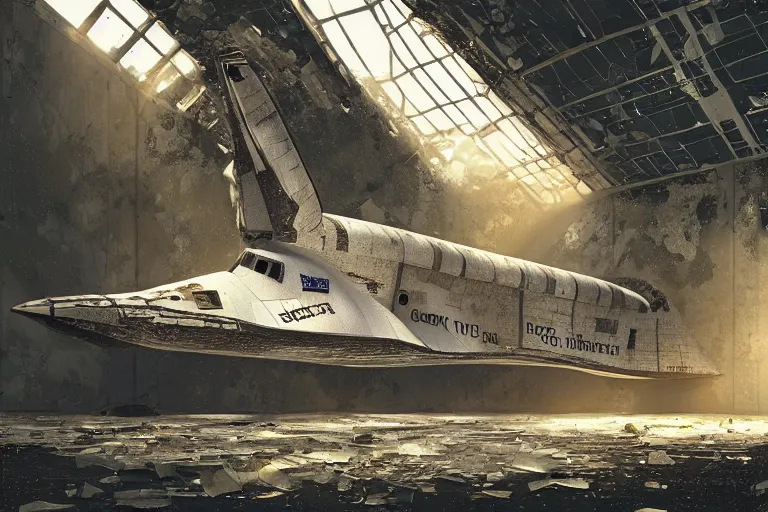 Prompt: a damaged broken space shuttle in the interior of an old abandoned sci - fi hangar an old oak tree grows inside the courtyard golden rays of sunlight enter through the window gold neon lights digital art trending artstation