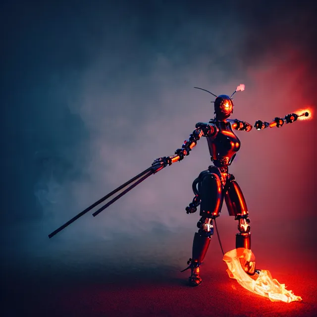 Image similar to robot woman fire dance holding spear, detailed bushido form, fighting stance energy, shibuya prefecture, cinematic lighting, fog mist smoke, photorealistic, night photography by tomino - sama