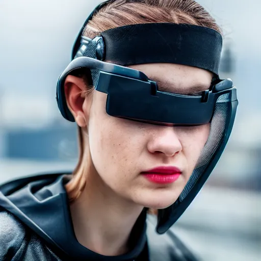 Image similar to photographic portrait of a techwear woman, closeup, on the rooftop of a futuristic city, sigma 85mm f/1.4, 4k, depth of field, high resolution, 4k, 8k, hd, full color