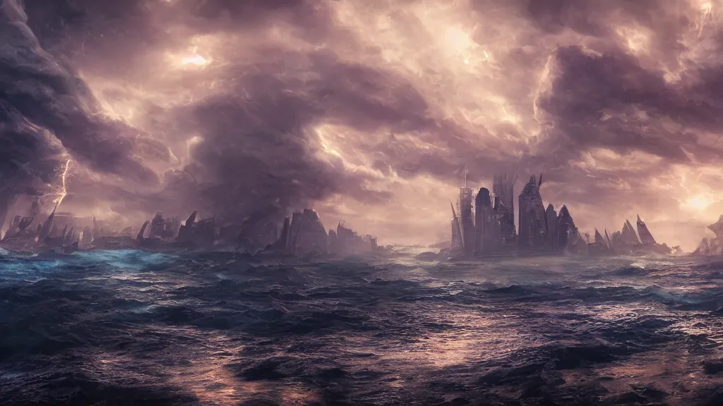 Image similar to a city in the middle of the ocean, roaring tempest, fantasy artwork, very very very beautiful scenery, hd, hdr, ue5, ue6, unreal engine 5, cinematic 4k wallpaper, 8k, ultra detailed, high resolution, artstation, award winning