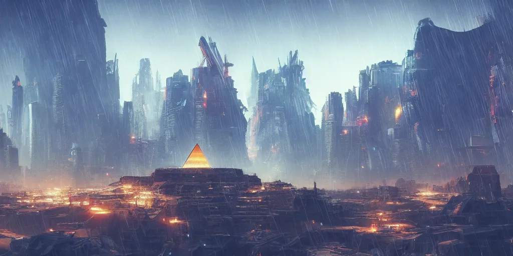 Prompt: cyberpunk egiptian pyramid overview, Greg Rutkowski, 3d scene, trending on Artstation, 8K, ultra wide angle, pincushion lens effect.