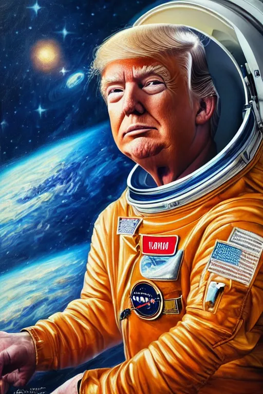 Image similar to trump as an astronaut, oil on canvas, intricate, portrait, 8 k highly professionally detailed, hdr, cgsociety