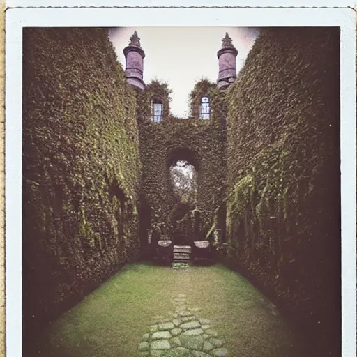 Image similar to courtyard walkway in an overgrown castle, surreal, polaroid,