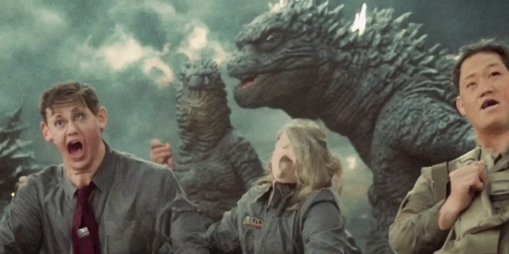 Prompt: movie still from godzilla derp, stupid godzilla, goofy and weird, uncomfortable, idiot godzilla