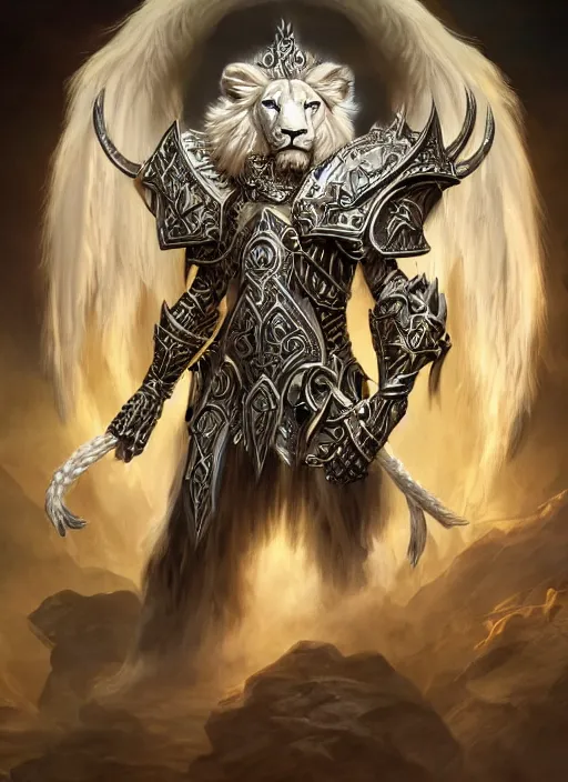 Prompt: anthropomorphized white lion paladin casting magic bright light spell, heroic pose, concept art, insanely detailed and intricate, hypermaximalist, elegant, ornate, hyper realistic, super detailed, art deco, cinematic, trending on artstation, magic the gathering artwork