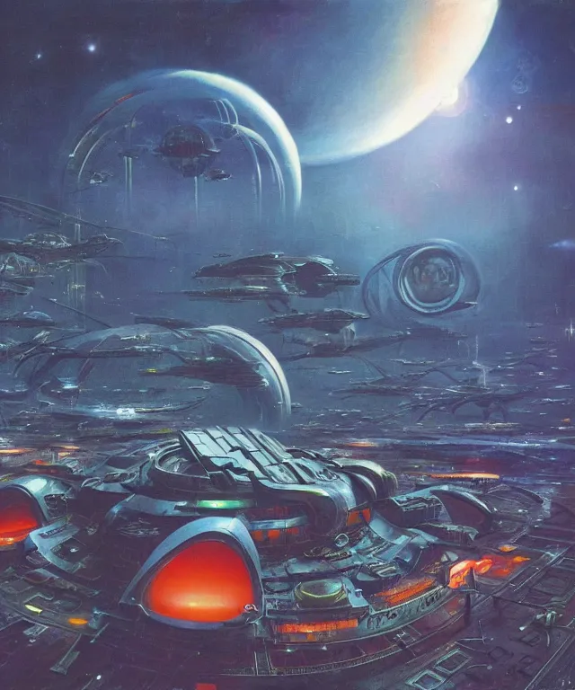 Image similar to a futuristic space colony, large bubble archaeologies, highly detailed, sci-fi, high-tech, neon lights, alien technology, vincent di fate, chris moore, chris foss