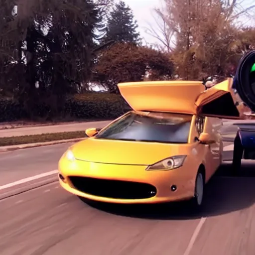 Prompt: dash cam footage of a car floating in the air