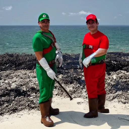 Prompt: Mario and Luigi, cleaning up the gulf oil spill with the help of The mexican military