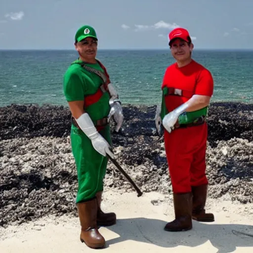 Image similar to Mario and Luigi, cleaning up the gulf oil spill with the help of The mexican military