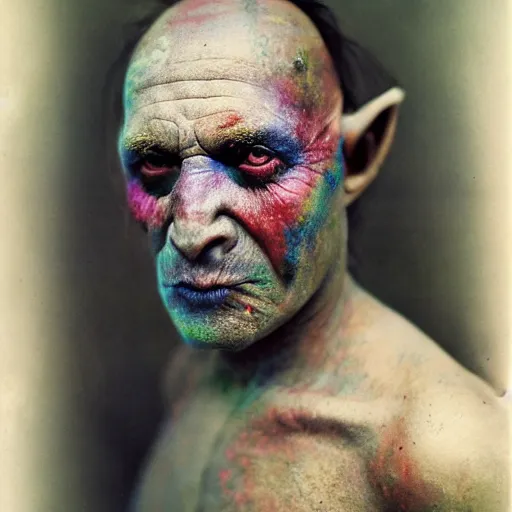 Image similar to a realistic photograph of a orc with colorful galaxy eyes taken by sally mann, portrait, foggy, hazy, muted colors, detailed, bleak, 70mm