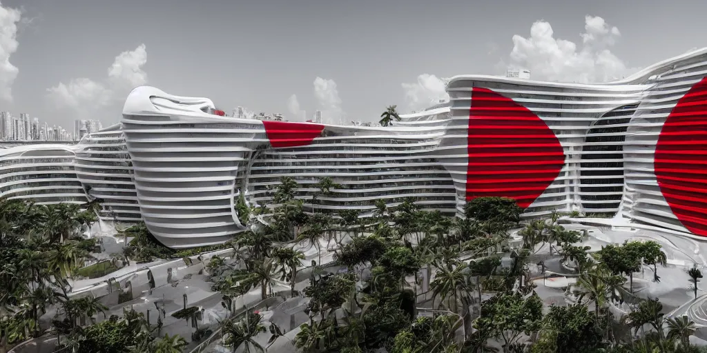 Image similar to extremely beautiful architecture photo of a luxury hotel complex in lagos nigeria in the style of rem koolhaas and virgil abloh with red black and white accents, green plants, zaha hadid, postmodern, clean, the structure is angular and geometric, beautiful, award winning architecture, extremely beautiful lighting, cinematic composition, modern, render, architectural, architecture, realistic, clear