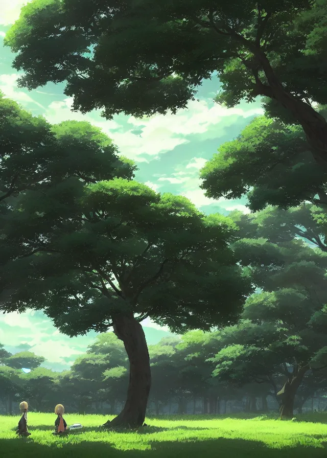 Image similar to landscape with a grand green tree, makoto shinkai