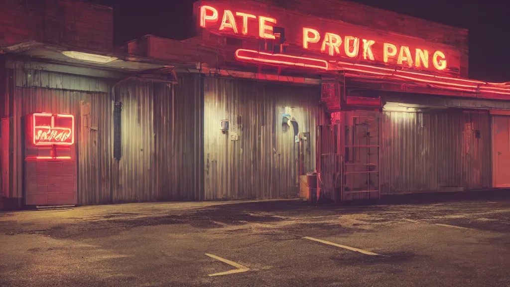 Image similar to an empty parking lout outside an abandoned retro diner at night, by lee madgwick, pink and orange neon lights, highly detailed, photorealistic, artstation trending, cryengine 8 k uhd