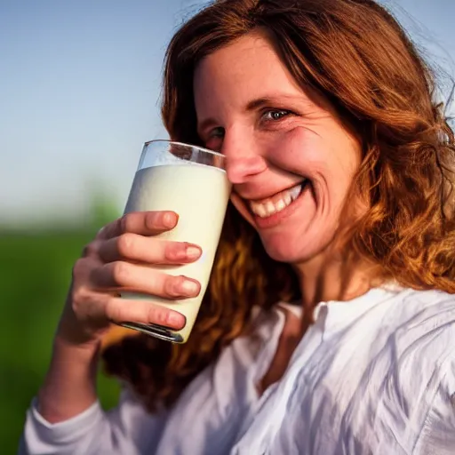 Prompt: award winning photo of Dutch milk maiden smiling with a milk mustache, holding a large glass of milk, golden hour, 4K, HD