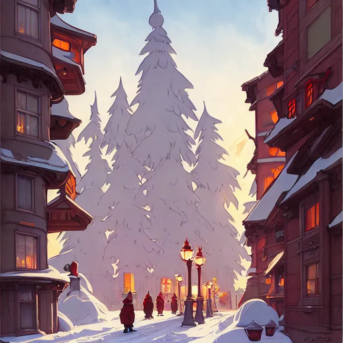 Image similar to canadian city, winter, in the style of studio ghibli, j. c. leyendecker, greg rutkowski, artem