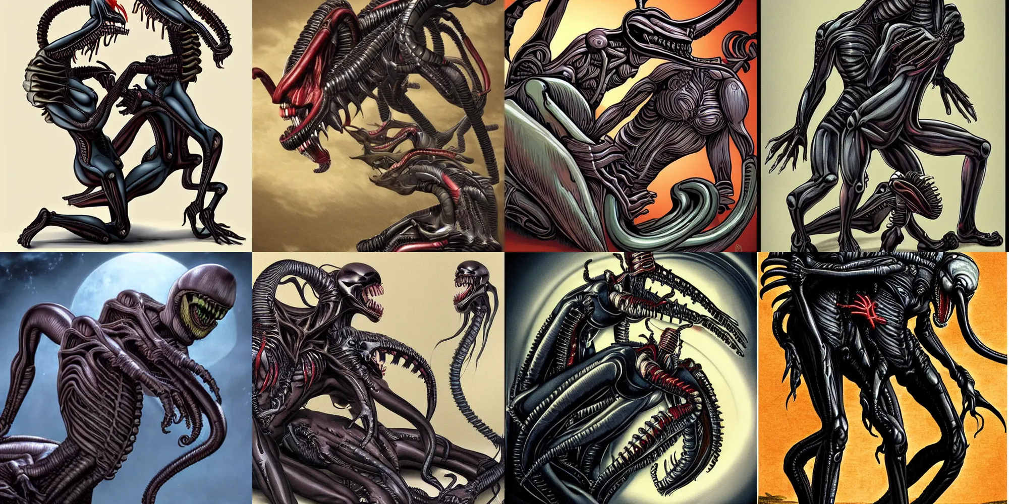 Prompt: two xenomorphs procreating, highly sensual, detailed, elaborate mating process