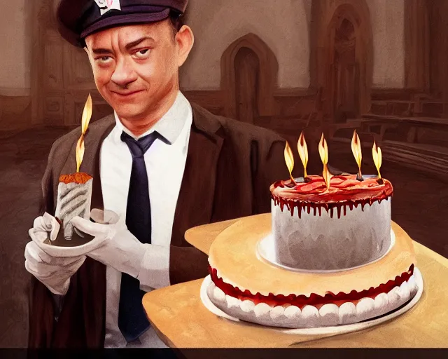 Image similar to tom hanks as forrest gump eating a cake in hogwarts, digital art, highly detailed, artstation, award winning, in the style of Irina French