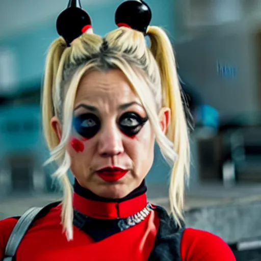 Image similar to A still of Kaley Cuoco as Harley Quinn, wearing her comics-accurate outfit