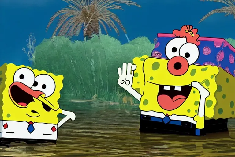 Image similar to spongebob squarepants driving a cadillac in a wetland, realistic photograph