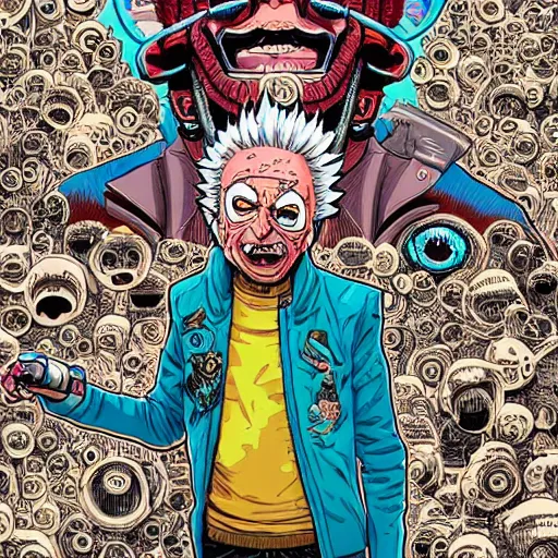 Prompt: hyper detailed comic illustration of a cyberpunk President Evil!!! Morty!!! wearing a pirate eye patch and a gorpcore!!! jacket, by Josan Gonzalez and Geof Darrow, intricate details, vibrant, solid background, low angle fish eye lens