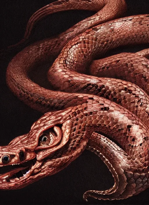 Prompt: portrait of a demonic snake with translucent skin, visible muscles and veins and arteries and bones and spines and nerves, beautiful detailed intricate insanely detailed octane render, 8k artistic photography, photorealistic, chiaroscuro, by David Cronenberg, Raphael, Caravaggio