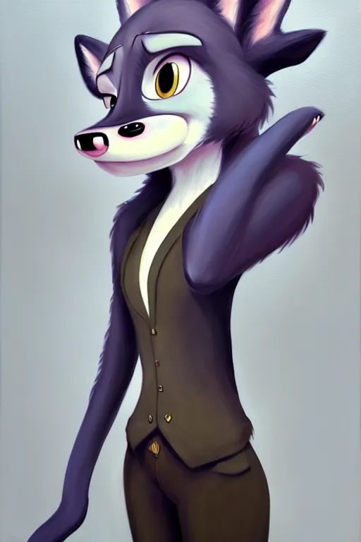 Image similar to oil painting of anthromorphic female wolf, in style of zootopia, female fursona, furry, furaffinity, 4 k, deviantart, furry art, fursona art, wearing black business suit, business suit, wolf fursona, female, smug expression,