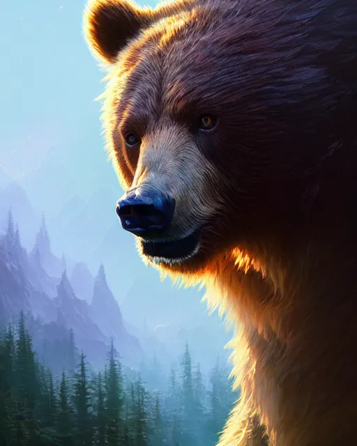 Image similar to highly detailed vfx portrait of a ferocious bear, stephen bliss, unreal engine, greg rutkowski, loish, rhads, beeple, makoto shinkai and lois van baarle, ilya kuvshinov, rossdraws, tom bagshaw, alphonse mucha, global illumination, detailed and intricate environment