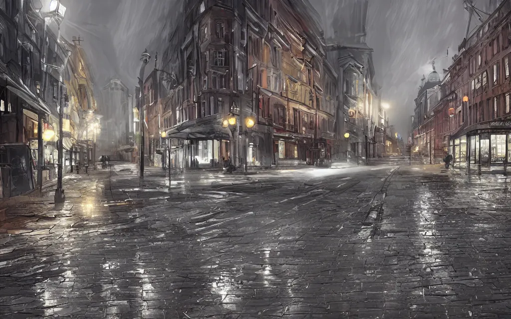 Image similar to concept art, wet helsinki street at night, in the style of grand theft auto