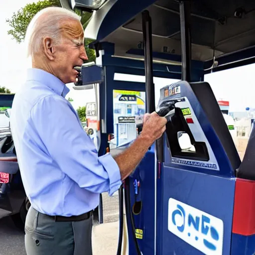 Image similar to joe biden at the gas station pumping gas into his mouth