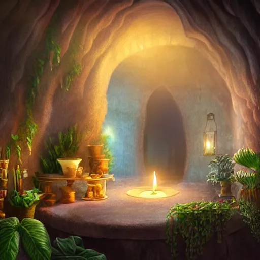 Prompt: cozy bathhouse hidden in a cave, candlelight, towels, cushions, natural light, lush plants and flowers, elegant, intricate, fantasy, atmospheric lighting, digital painting, concept art