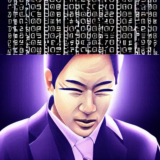 Prompt: satoshi nakamoto in matrix code, digital art, trending on artstation,