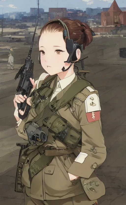 Image similar to portrait of a female soldier, highly detailed, high resolution, military camp in the background, full color manga visual style, illustration, stunning, girls frontline style, bokeh soft, matte, 100mm, by professional photographer, hayao miyazaki, ilya kuvshinov, alphonse mucha, studio mappa, realistic human anatomy, realistic military carrier, modern warfare, realistic weapon, shot with a arriflex 35 ii, low saturation, small eyes