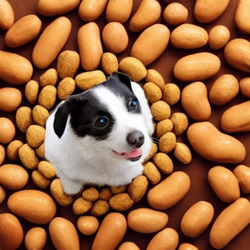 Image similar to microscopic dog sitting on a large peanut