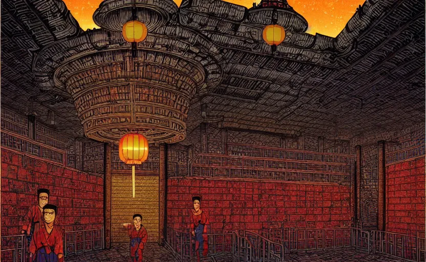 Image similar to artwork of a chinese prison by dan mumford and toshi yoshida and peter doig, vintage scifi, highly detailed, dramatic lighting, 8 k