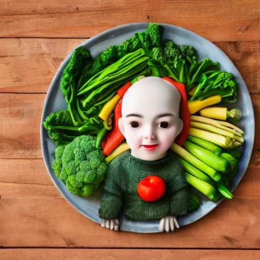 Image similar to a child made of vegetables sits on a plate which is placed on a table inside a restaurant, photo realistic, professional photography