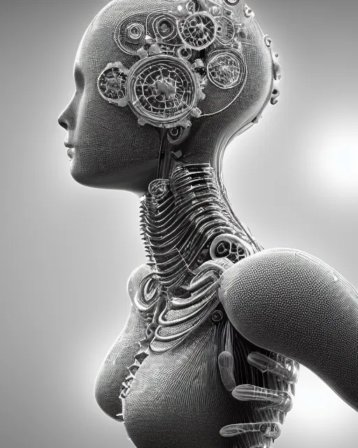 Prompt: mythical dreamy black and white organic translucent bio-mechanical spinal ribbed profile face portrait detail of mechanical beautiful female angelic-snowy-cyborg, highly detailed, intricate crystal jelly steampunk ornate, poetic, 3D render, digital art, octane render, 8K artistic photography, photo-realistic, by Dora Maar