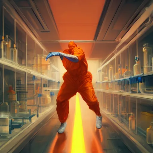 Image similar to a man in an orange jumpsuit running through a laboratory,digital art,art by greg rutkowski,ross tran,artstation,deviantart,photorealistic,hyperdetailed,detailed face,dramatic,cinematic,high quality,studio photograph