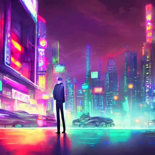 Image similar to one man standing in front of a cyberperunk city, neon lights, anime, night, very beautiful, trending on deviantart,