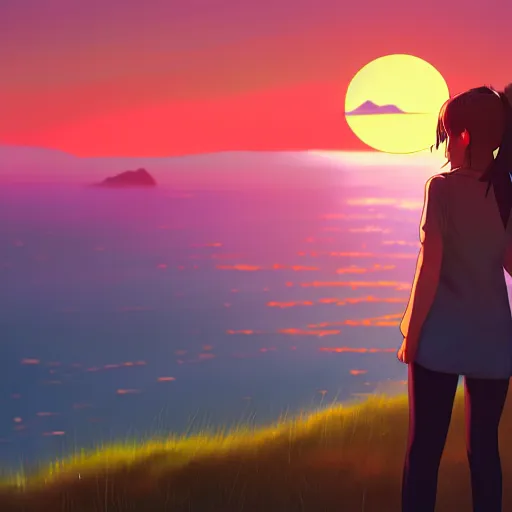 Image similar to A girl standing on the hill looking at the sea with a sunset in style of Makoto Shinkai and Cyberpunk. ArtStation, 8K, Highly Detailed, Intricate, Album Art.