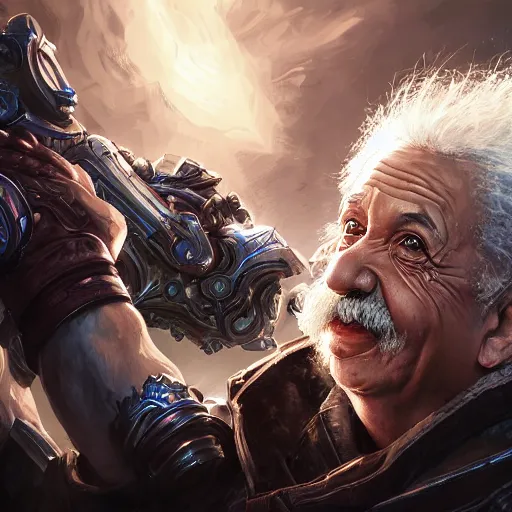 Image similar to Portrait of Albert Einstein, League of Legends amazing splashscreen artwork, Gears of War, splash art,natural light, elegant, photorealistic facial features, intricate, fantasy, detailed face, atmospheric lighting, anamorphic lens flare, cinematic lighting, league of legends splash art, hd wallpaper, ultra high details by Greg rutkowski