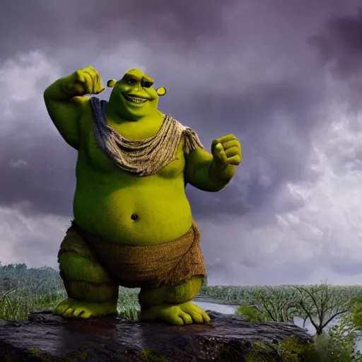 Image similar to giant shrek with wings, thunderstorm, swamp, realism, flying fairies, hot summer chill