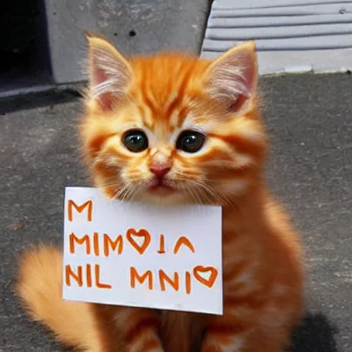 Image similar to cute fluffy orange tabby kitten with a sign that says