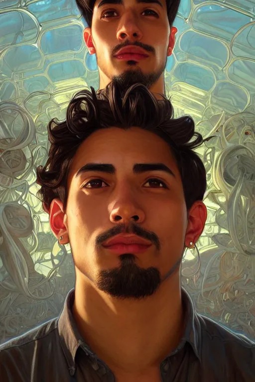 Prompt: clear portrait of a latino attractive men, cottagecore!! background, hyper detailed, character concept, full body, dynamic pose, glowing lights!! intricate, elegant, highly detailed, digital painting, artstation, concept art, smooth, sharp focus, illustration, art by artgerm and greg rutkowski and alphonse mucha