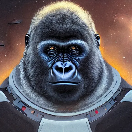 Image similar to detailed science - fiction character portrait of a silverback gorilla wearing a omnicolored space suit, intricate, wild, highly detailed, digital painting, artstation, concept art, smooth, sharp focus, illustration, art by artgerm and greg rutkowski and alphonse mucha