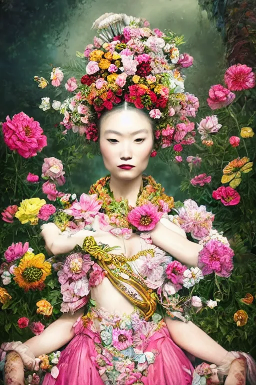 Prompt: a beautiful portrait of an empress in her garden, with a brilliant, impossible striking big flower headpiece, clothes entirely made out of flowers, symmetrical, closeup, dramatic studio lighting, rococo, baroque, jewels, asian, hyperrealism, D&D, fantasy, intricate, elegant, highly detailed, digital painting, artstation, octane render, 8k, concept art, matte, sharp focus, illustration, art by Artgerm and Greg Rutkowski and Alphonse Mucha